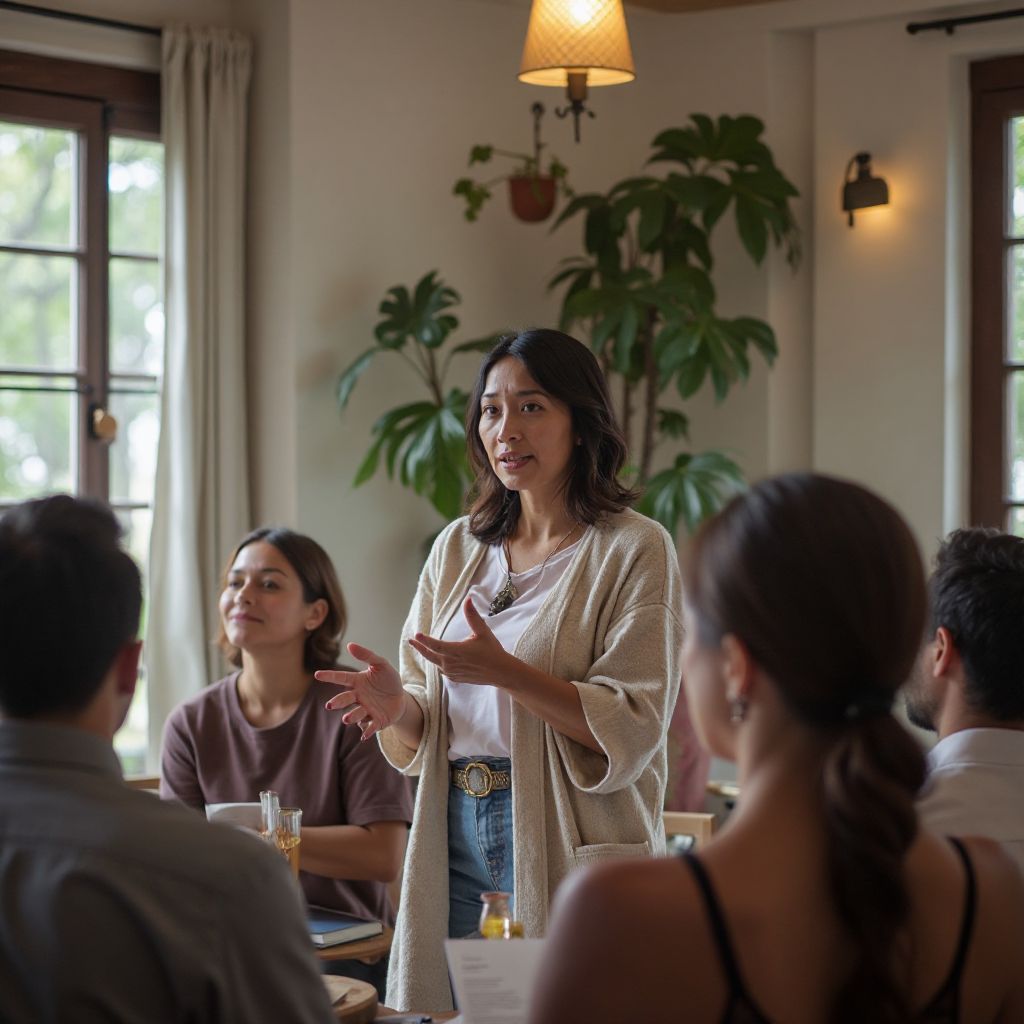 Founder Emma Chen speaking at a wellness workshop